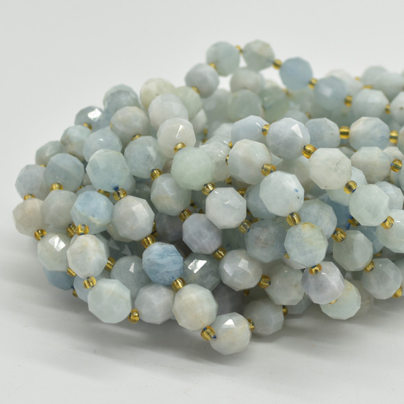Grade A Natural Aquamarine Semi-precious Gemstone Double Tip FACETED Round Beads - 9mm x 10mm - 15" strand