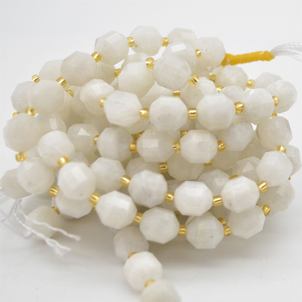 Grade A Natural White Moonstone Semi-precious Gemstone Double Tip FACETED Round Beads - 9mm x 10mm - 15" strand