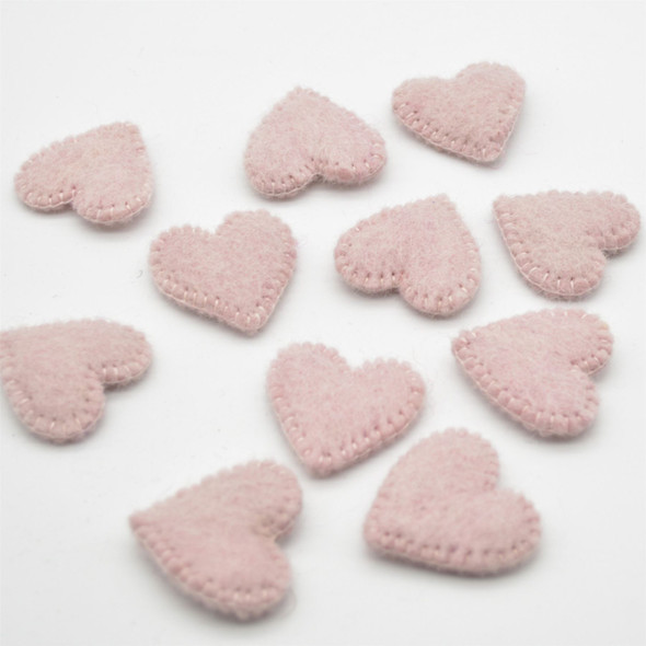100% Wool Felt Flat Fabric Sewn / Stitched Felt Heart - 20 Count - approx 4cm - Light Baby Pink