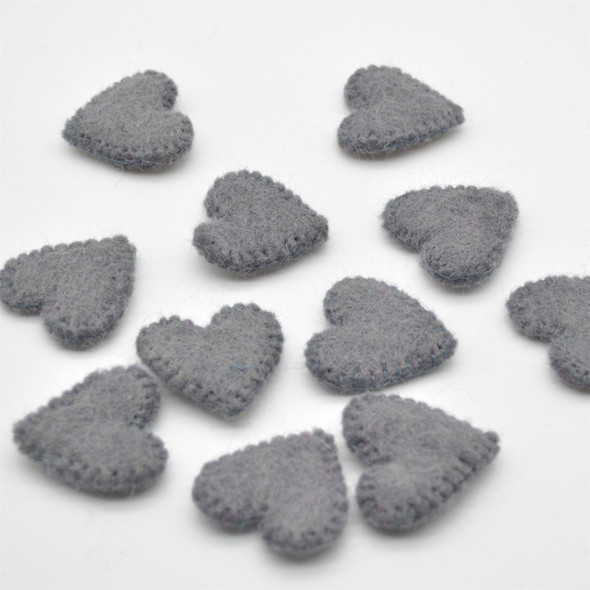 100% Wool Felt Flat Fabric Sewn / Stitched Felt Heart - 20 Count - approx 4cm - Ash Grey