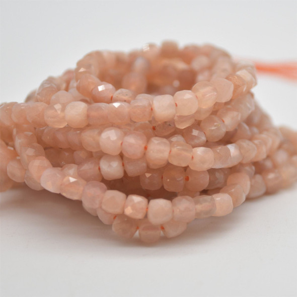 High Quality Grade A Natural Peach Moonstone Semi-precious Gemstone Faceted Cube Beads - 3mm - 4mm - 15" strand