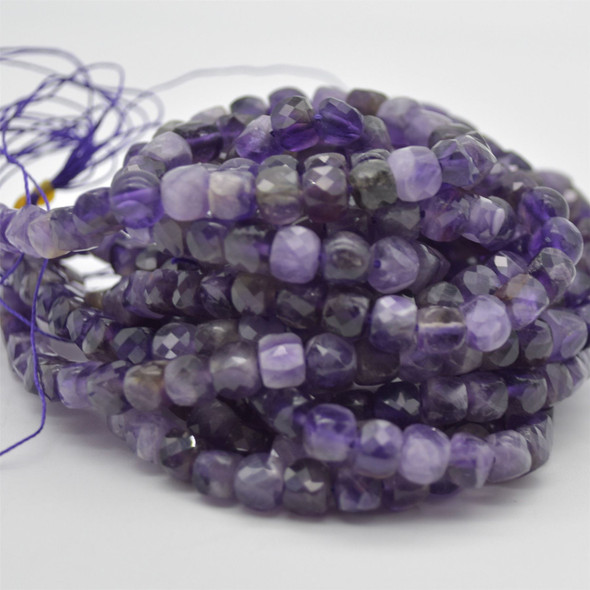 High Quality Grade A Natural Chevron Amethyst Semi-precious Gemstone Faceted Cube Beads - approx 5mm - 15" strand