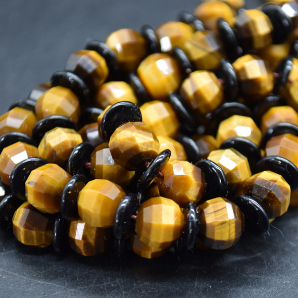 High Quality Grade A Natural Tiger's Eye Semi-precious Gemstone FACETED Lantern style Round Beads - 8mm - Approx 15" strand