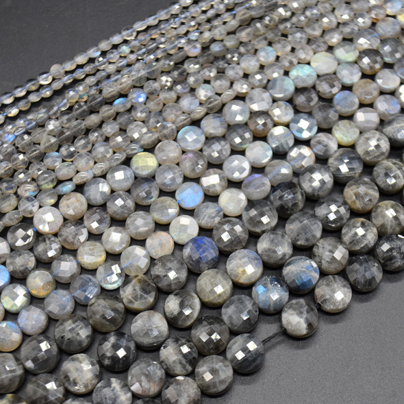 High Quality Grade A Natural Labradorite Semi-Precious Gemstone Faceted Coin Disc Beads - 4mm, 6mm, 8mm, 10mm sizes - 15" long