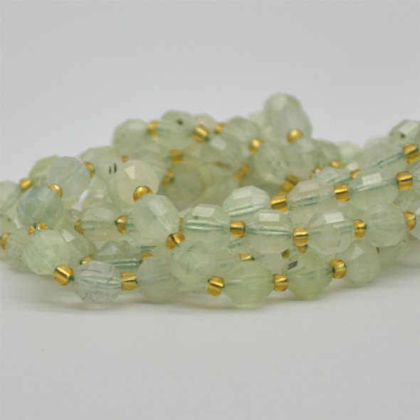 Grade A Natural Prehnite Semi-precious Gemstone Double Tip FACETED Round Beads - 7mm x 8mm - 15" strand