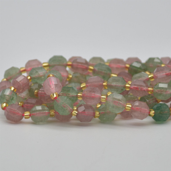 Grade A Natural Green & Strawberry Quartz Semi-precious Gemstone Double Tip FACETED Round Beads - 7mm x 8mm - 15" strand