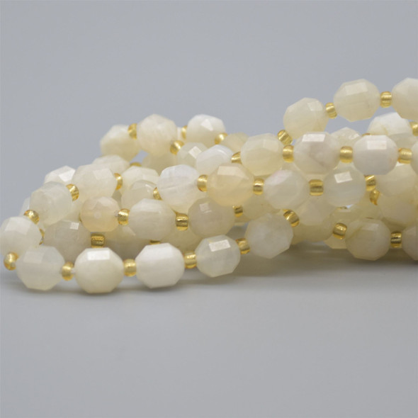 Grade A Natural White Moonstone Semi-precious Gemstone Double Tip FACETED Round Beads - 7mm x 8mm - 15" strand