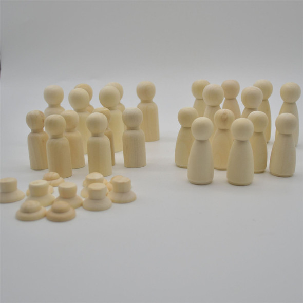 Natural Plain Wood Peg Doll Family Figures with 12 Individual Hats - size 53mm - 65mm - 24 count