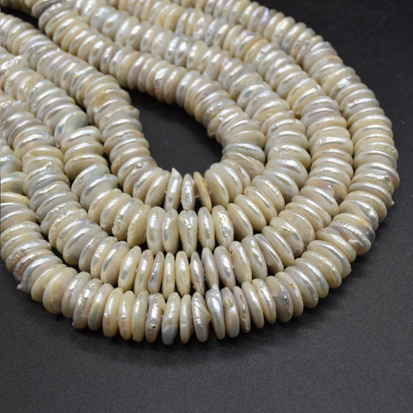 Natural Freshwater White Chunky Button / Coin Shaped Round Pearl Beads - 12mm - 15mm - 14'' strand