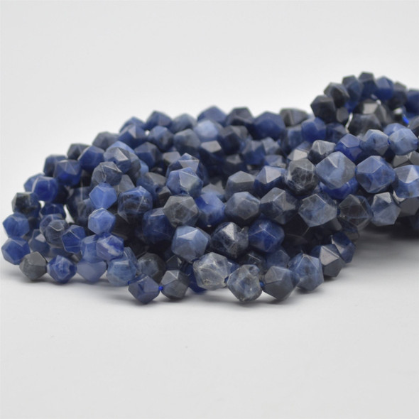 High Quality Grade A Natural Sodalite Semi-Precious Gemstone Star Cut Faceted Round Beads - 6mm, 8mm sizes - 15" long