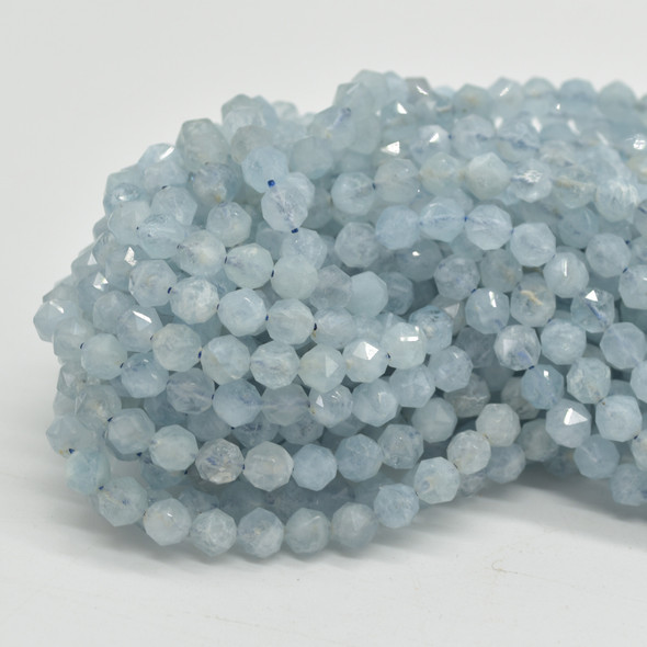 High Quality Grade A Natural Aquamarine Semi-Precious Gemstone Star Cut Faceted Round Beads - 6mm, 8mm sizes - 15" long