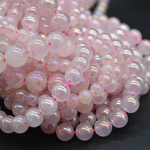 High Quality Grade A Aura Coated Natural Rose Quartz Semi-Precious Gemstone Round Beads - 6mm, 8mm, 10mm sizes - 14" long