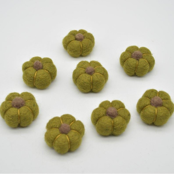 100% Wool Felt Pumpkins - 5 Count - Olive Green - 4cm x  2cm - 2.5cm