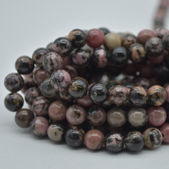 Large Hole (2mm) Beads - Natural Rhodonite Semi-precious Gemstone Round Beads - 8mm - 15" strand