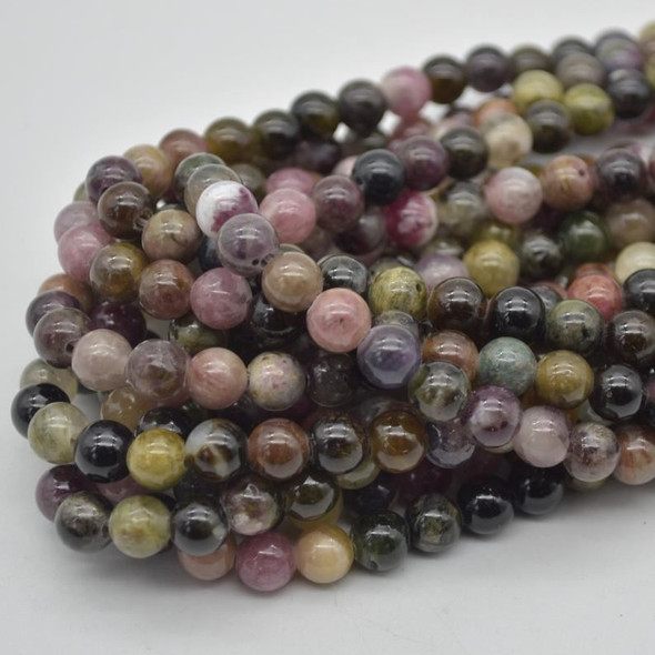 Large Hole (2mm) Beads - Natural Multi-Colour Tourmaline Semi-precious Gemstone Round Beads - 8mm - 15" strand