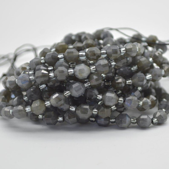 Grade A Natural Labradorite Semi-precious Gemstone Double Tip FACETED Round Beads - 5mm x 6mm - 15" strand Grade A Natural Labradorite Semi-precious Gemstone Double Tip FACETED Round Beads - 5mm x 6mm - 15" strand