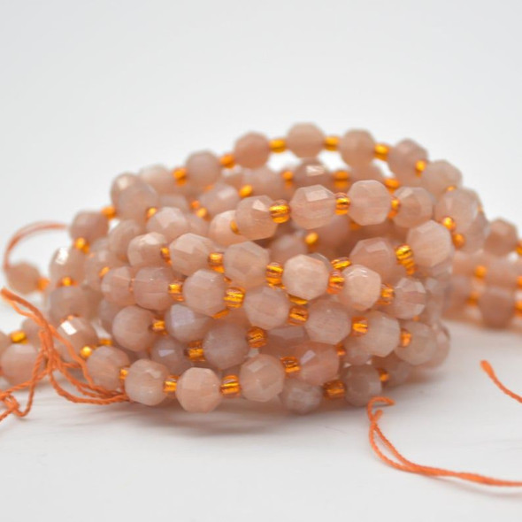 Grade A Natural Peach Moonstone Semi-precious Gemstone Double Tip FACETED Round Beads - 5mm x 6mm - 15" strand