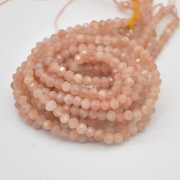 High Quality Grade A Natural Peach Moonstone Semi-precious Gemstone Star Cut Faceted Round  Beads - 4mm - 15" strand