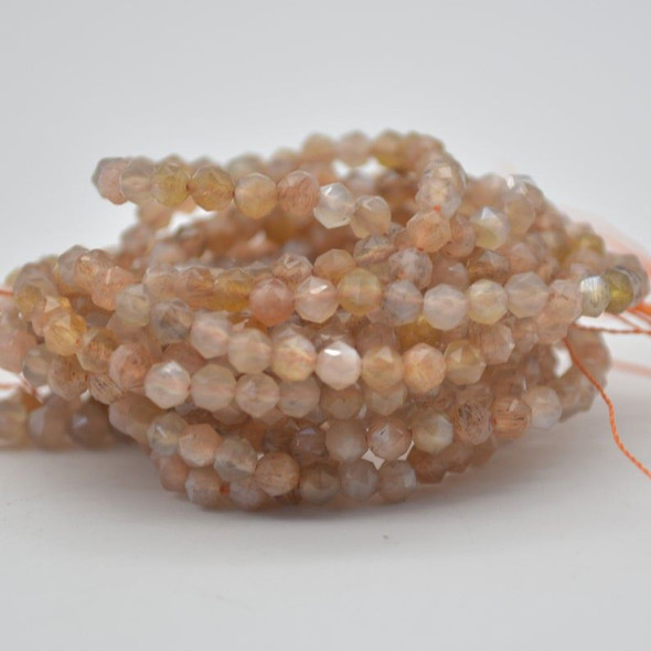 High Quality Grade A Natural MultiColour Moonstone Semi-precious Gemstone Star Cut Faceted Round  Beads - 4mm - 15" strand