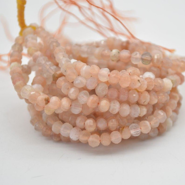 High Quality Grade A Natural Peach Moonstone Semi-precious Gemstone FACETED Lantern style Round Beads - 4mm - 15" strand