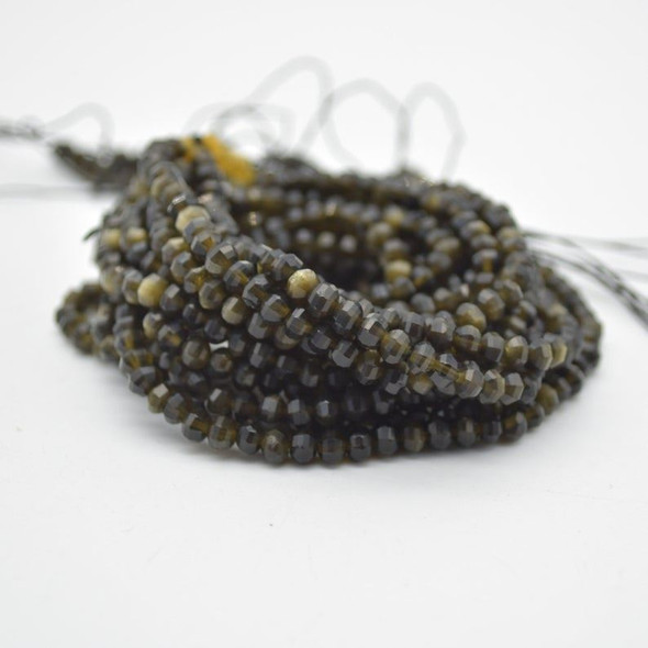 High Quality Grade A Natural Golden Sheen Obsidian Semi-precious Gemstone FACETED Lantern style Round Beads - 3mm - 15" strand