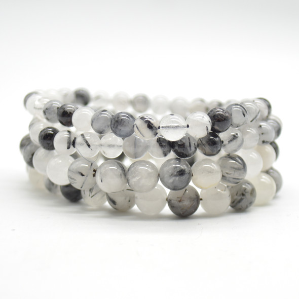 Natural Tourmalinated Quartz Semi-precious Gemstone Round Beads Sample strand / Bracelet - 6mm, 8mm sizes - 7.5"