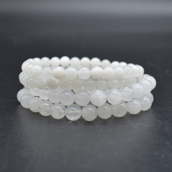 Natural White Snow Jade Semi-precious Gemstone Round Beads Sample strand / Bracelet - 6mm, 8mm or 10mm sizes - 7.5"