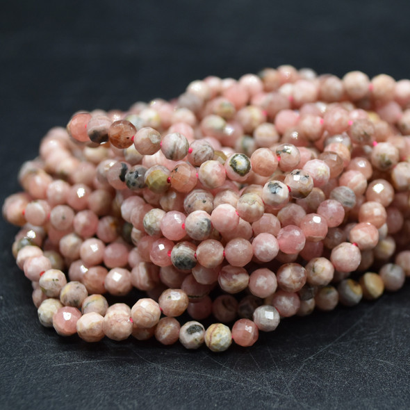 High Quality Grade A Natural Rhodochrosite Semi-Precious Gemstone FACETED Round Beads - 4mm - 15" strand