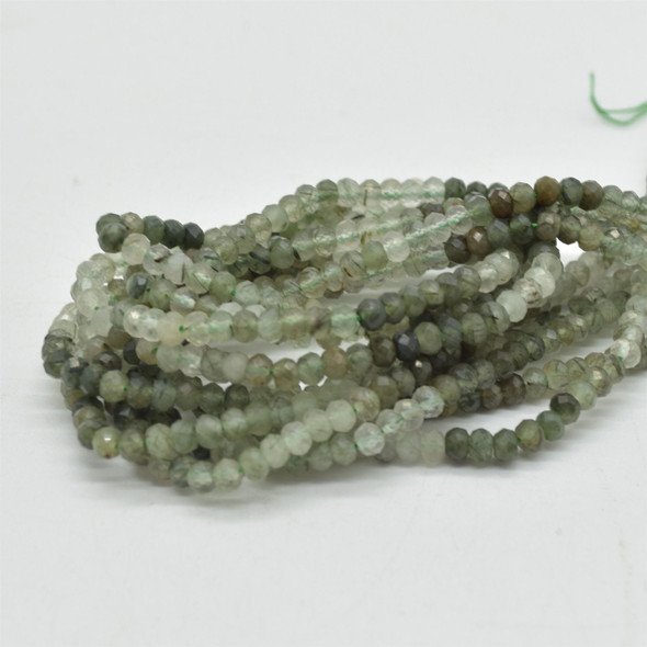 Mixed Gradient Shades Green Rutilated Quartz Semi-Precious Gemstone FACETED Rondelle Spacer Beads - 4mm x 2.5mm - 3mm - 15" strand