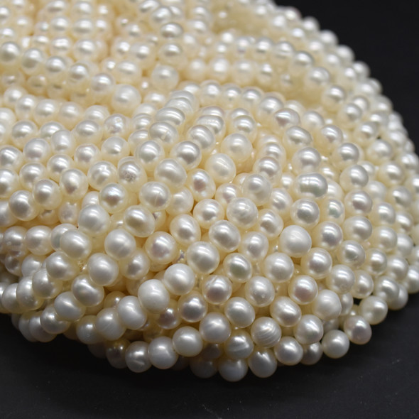 High Quality Grade A Natural Freshwater Potato Round Pearl Beads - White - 5mm - 6mm -  14" strand