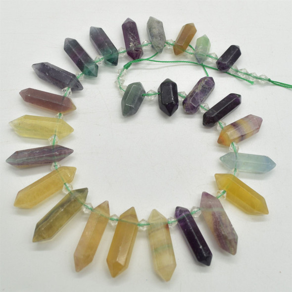 Rainbow Fluorite Double Terminated Graduated Points Beads / Pendants - 20mm - 35mm x 8mm - 10mm - 15" strand