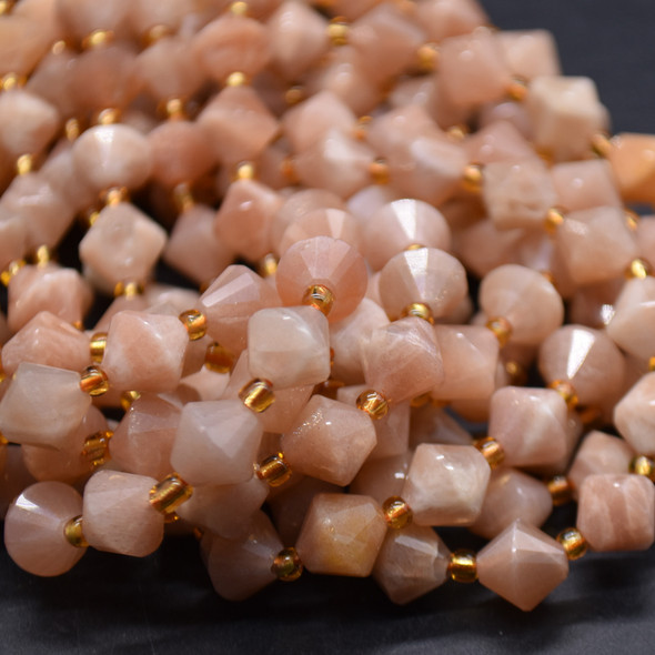 Grade A Natural Peach Moonstone Semi-precious Gemstone Faceted Bicone Beads - 8mm - 15" strand