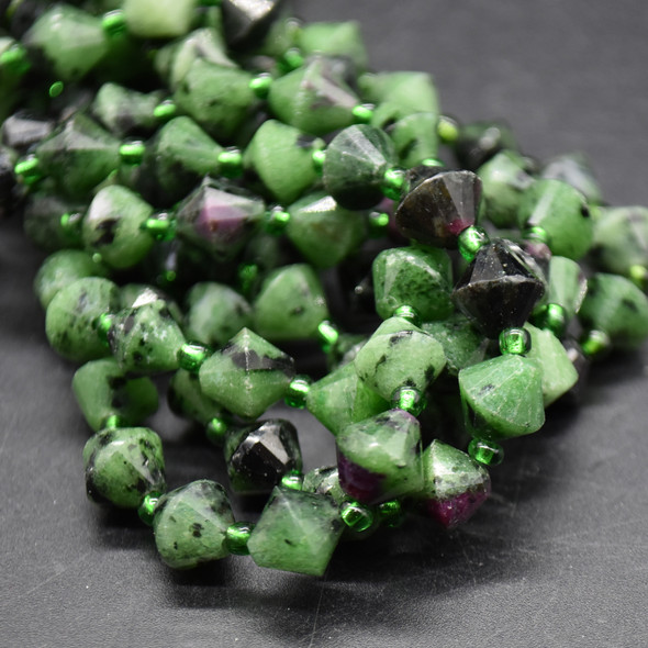 Grade A Natural Ruby Zoisite Semi-precious Gemstone Faceted Bicone Beads - 8mm - 15" strand