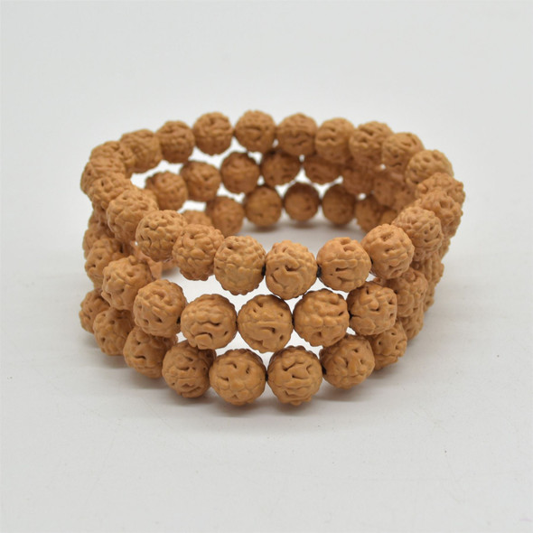 Natural Rudraksha Seed Near Round Wood Bead Bracelet /  Sample Strand - Mala Prayer Beads - 9mm Size