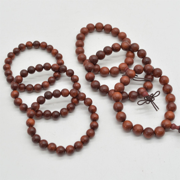 Natural Red Sandalwood Round Wood Beads Bracelet / Sample Strand - Mala Prayer Beads - 8mm, 10mm Sizes