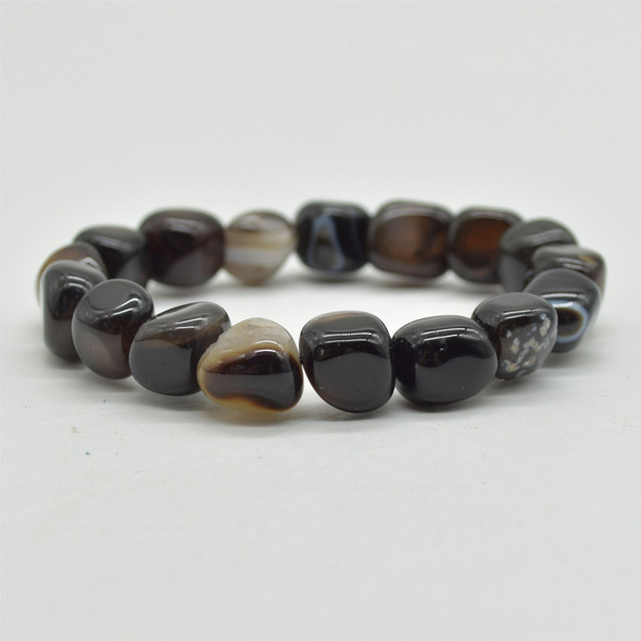 Black Banded Agate Semi-precious Gemstone Pebble Nugget Beads Bracelet / Sample Strand - 9mm - 13mm, 7.5"