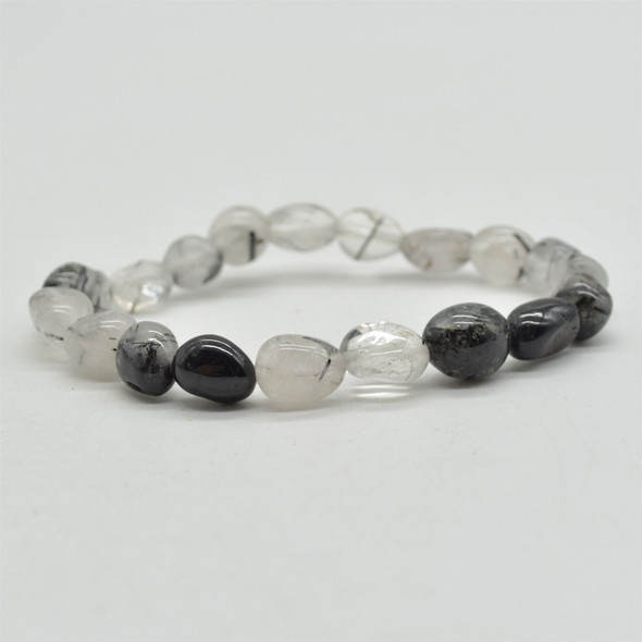 Natural Black Rutilated Quartz Semi-precious Gemstone Pebble Nugget Beads Bracelet / Sample Strand - 7mm - 10mm, 7.5"