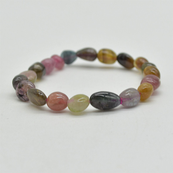 Natural Multi-Colour Tourmaline Semi-precious Gemstone Pebble Nugget Beads Bracelet / Sample Strand - 7mm - 10mm, 7.5"