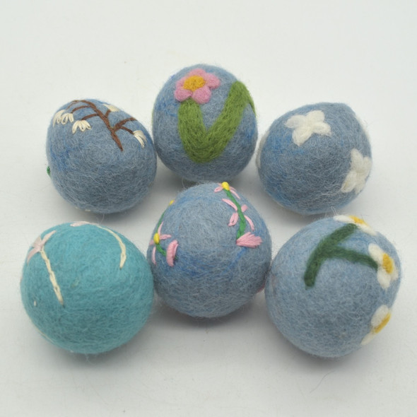 100% Wool Felt Easter Eggs -  6 Count - Blue Shades - Flowers - 5cm x 4.5cm