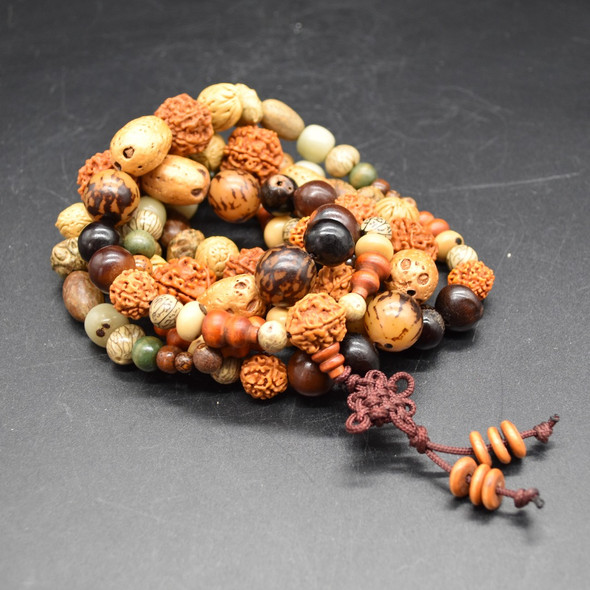 Natural Mixed Bodhi Seed and Nut Beads - 108 beads - Mala Prayer Beads - 49'' Strand