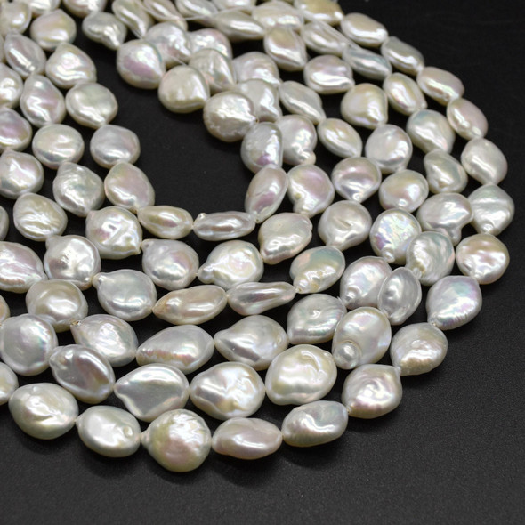 Natural Freshwater White Chunky Irregular Teardrop Shaped Round Button Pearl Beads - 12mm - 15mm - 14'' Strand