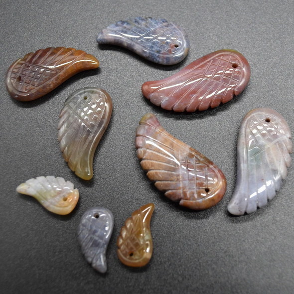 Natural Indian Agate (Fancy Jasper) Semi-precious Gemstone Carved Feather Pendants - 3 Sizes