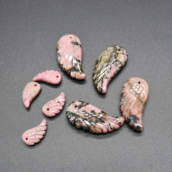 Natural Rhodonite Semi-precious Gemstone Carved Feather Pendants - 2 Sizes