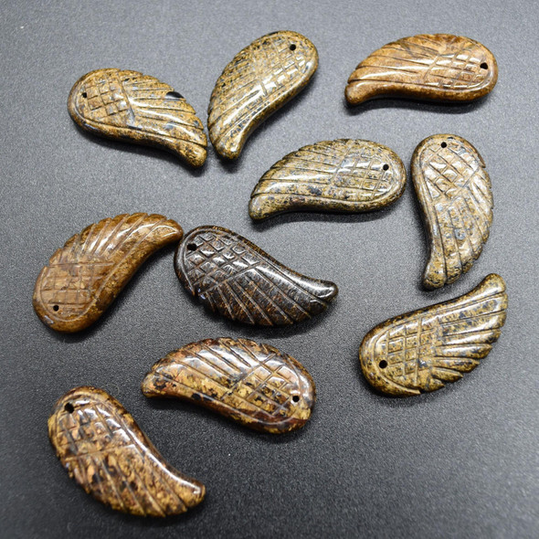 Natural Bronzite Semi-precious Gemstone Carved Feather Pendant - 3.5cm x 1.7cm