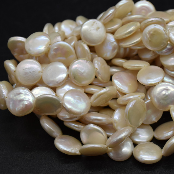 Natural Cream Freshwater Button, Coin Shaped Round Pearl Beads - with Pink Tone Iridescent Hues - 10mm - 11mm  or  11mm - 13mm