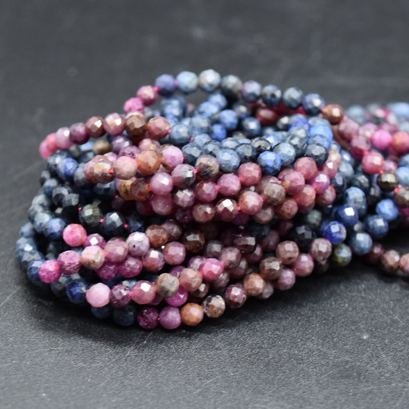 Natural Mixed Ruby, Sapphire Semi-Precious Gemstone FACETED Round Beads - 4mm - 15'' Strand
