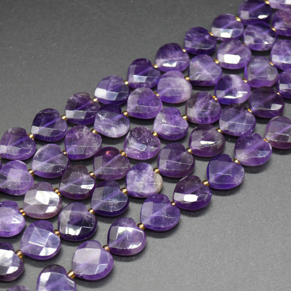 Natural Amethyst Semi-precious FACETED Crystal Gemstone Heart Shaped Beads - 12mm - 15'' Strand