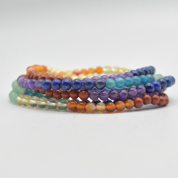 7 Chakra Gemstone Round Beads Bracelet/Sample Strand - 4mm  - 1 Count - 7 - 7.5 inches - #Set 02