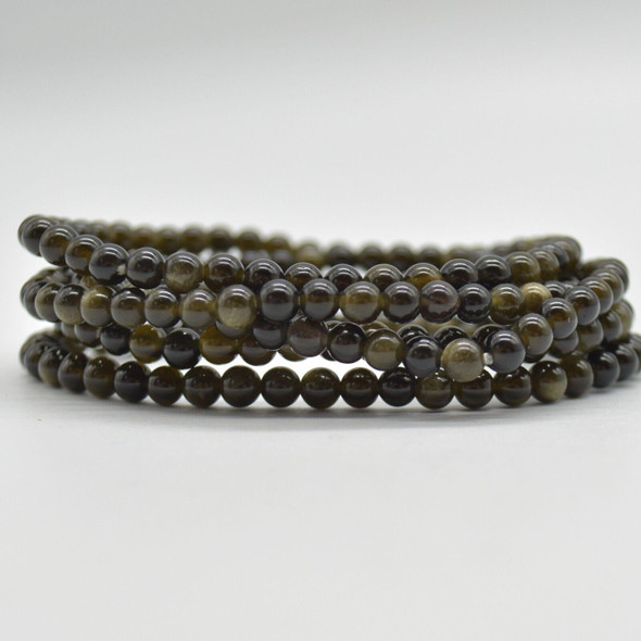 Natural Golden Sheen Obsidian Semi-Precious Round Gemstone Crystal Bracelet, Sample Strand - 4mm  - 1 Count - 7 - 7.5 inches