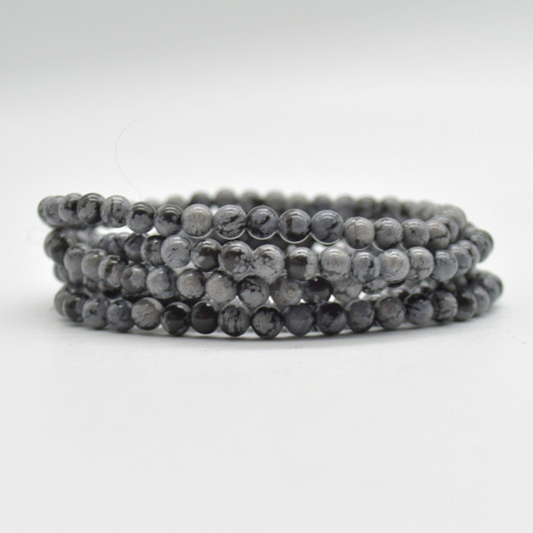 Natural Snowflake Obsidian Semi-Precious Round Gemstone Crystal Bracelet, Sample Strand - 4mm  - 1 Count - 7 - 7.5 inches
